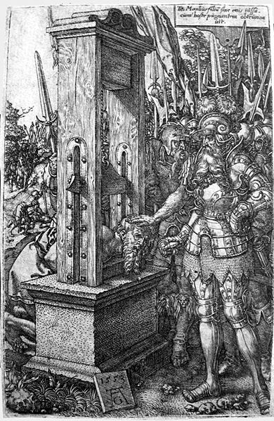 Die Hinrichtung des Titus Manlius Torquatus durch seinen Vater auf einem Kupferstich aus1553 von Heinrich Aldegrever