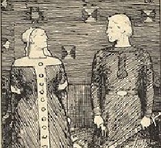 Sigrid und Olav Tryggvasson, phantasievoller Holzschnitt von Erik Werenskiold aus dem Jahr 1899.