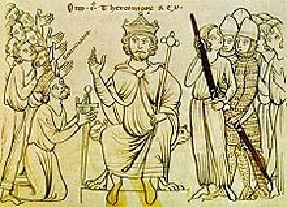 Kg.Berengar II unterwirft sich Ks.Otto I (252B). Aus einer Mailänder Handschrift, 12.Jhdt.