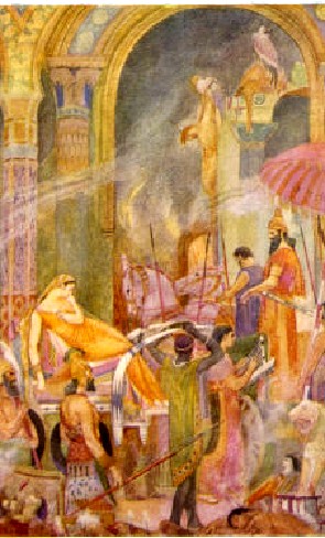 Der König erobert die Stadt Sarrapanu in Babylonien, kreuzigt ihren König und bemächtigt sich seiner Familie und seiner Schätze. Aquarell von Evelyn Paul, 1916