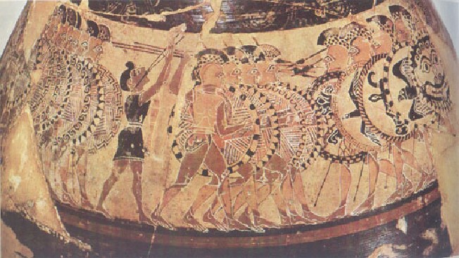 Obwohl Sikyon für die Malerei und Bildhauerei in Griechenland ebenso bedeutend war wie Athen für die Demokratie, ist erstaunlicher Weise kein Abbild des Kleisthenes erhalten geblieben. Ich kann hier nur eine Vase aus seiner Epoche zeigen, auf der schwer bewaffnete Einheiten bei Flötenmusik aufeinander zu marschieren.