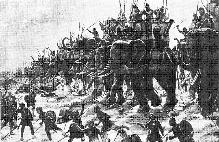 Henri Paul Motte (1846 – 1922, Paris) stellt auf diesem Gemälde die Schlacht bei Zama (in der Nähe von Karthago) dar, die von den Römern unter der Leitung von Gaius Laelius trotz des massiven Einsatzes punischer Kriegselefanten gewonnen wurde.