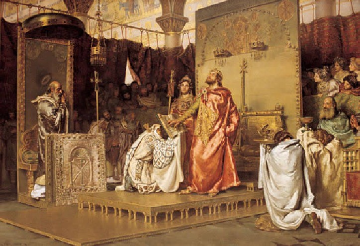 Der Übertritt von Rekkared und Chlodosvintha vom arianischen zum katholischen Glauben. Gemälde von Muñoz Degrain, 1888, im Senatspalast in Madrid