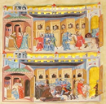 Auf dieser Miniatur aus der Dalimil-Chronik, um 1314 die erste Chronik in tschechischer Sprache, holt der unebenbürtige Herzog (weil Sohn einer Konkubine) seine Judith mit Hilfe seiner Soldaten aus dem Kloster ab.