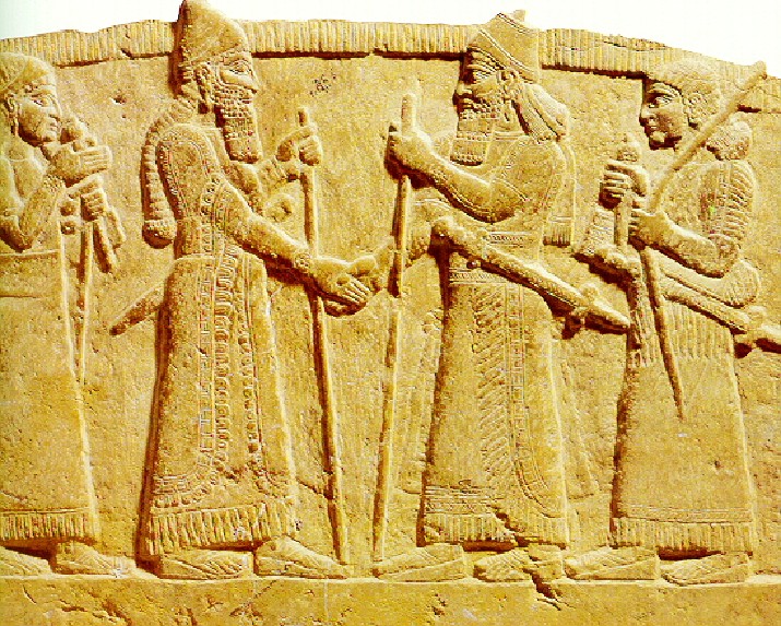 Marduk-Zakir-Schumi v. Babylon (rechts) schließt Frieden mit Sal¬manassar III von Assyrien (AL. 4 N, links)
