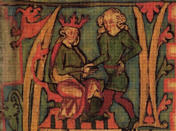 Auf dieser isländischen Handschrift (Flateyjarbok) des 14. Jhdts. übergibt König Halfdan (AL.34/832 B) sein Reich an seinen schönen Sohn Harald