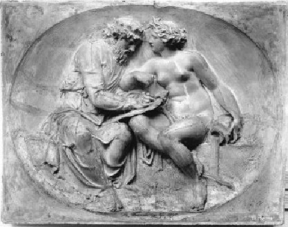 König Numa Pompilius be¬spricht sich mit seiner Muse und zweiten Gemahlin Egeria auf einem Relief von Bertil Thor¬waldsen in dessen Museum in Kopenhagen