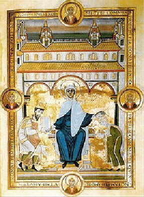 Kaiser Heinrich III übergibt der hl.Maria vor dem Speyrer Dom den Codex Aureus, sie segnet die Kaiserin Agnes (Echternach um 1050)