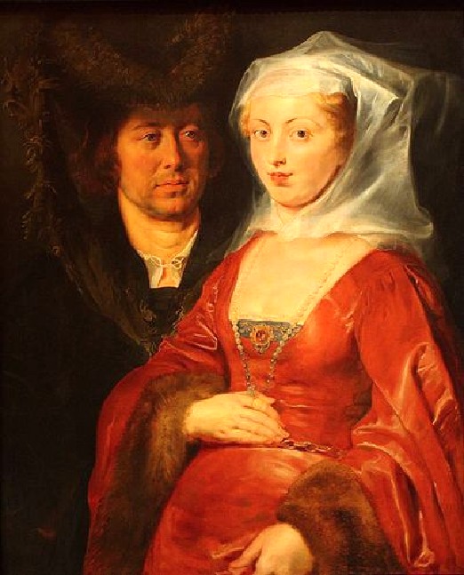 Begga und Ansegisel auf einem Gemälde von Rubens im Wiener Kunsthistorischen Museum. Er stellt beide in Kostümen seiner Zeit dar.