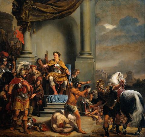Der Scharfrichter zeigt der Menge den auf Befehl des Imperiosus abgeschlagenen Kopf seines Sohnes. Gemälde von Ferdinand Bol, 1662, Rijksmuseum, Amsterdam.